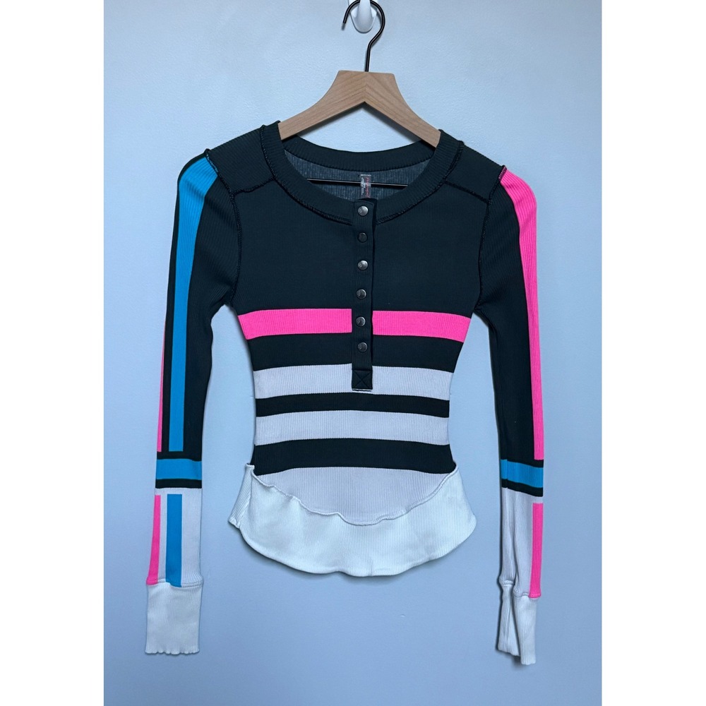 FP Movement Free People Ribbed Henley Long Sleeve Top Colorblock Striped XS